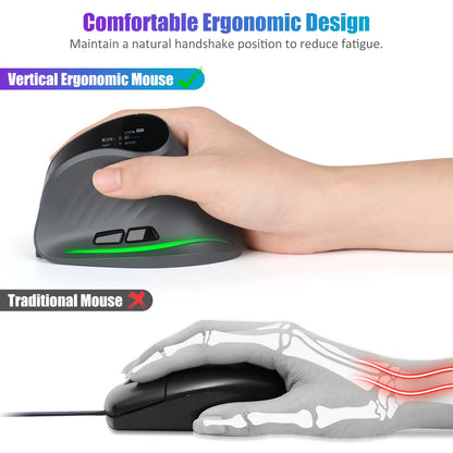 Lefon Programming Vertical Mouse Ergonomic Wireless Bluetooth Mouse 4000DPI with OLED Screen Gaming Mice for Computer PC Laptop