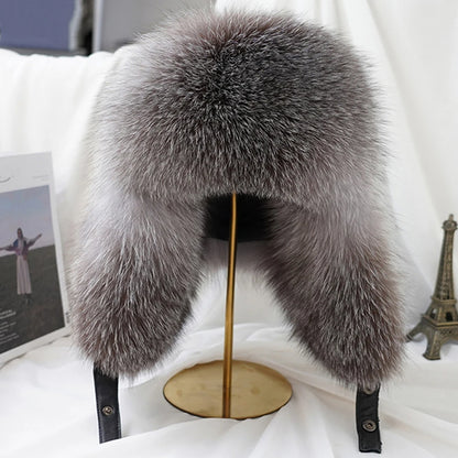 Fashion Winter Men's 100% Real Silver Fox Fur Bomber Hat Raccoon Fur Ushanka Cap Trapper Russian Man Ski Hats Caps Real Leather