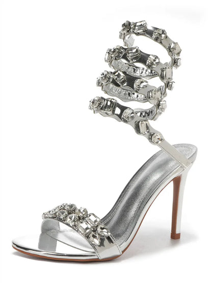 Star style Luxury Crystal Embellished Wraparound Women Sandals Stiletto High heels Gladiator Sandals Summer Wedding Prom Shoes - Kimlud