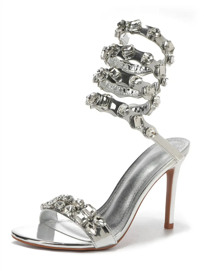 Star style Luxury Crystal Embellished Wraparound Women Sandals Stiletto High heels Gladiator Sandals Summer Wedding Prom Shoes - Kimlud