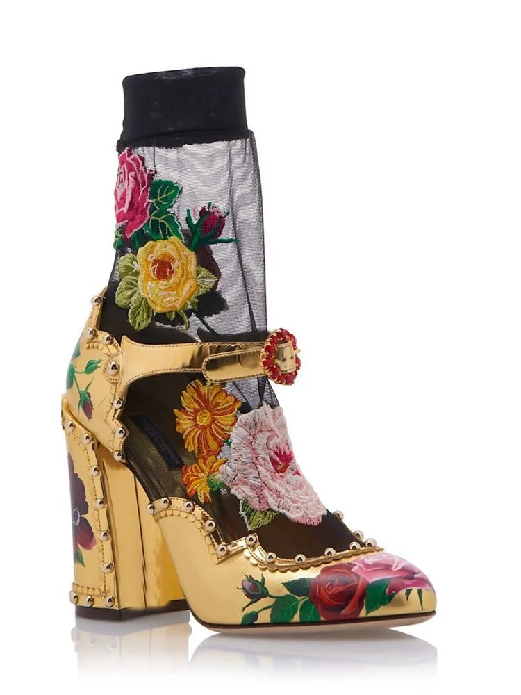 Gold Flower Pattern Buckle Pumps Pointed Toe Chunky Heel Fashionable Sexy 2025 Summer Big Size Woman Shoes Zapatillas Mujer