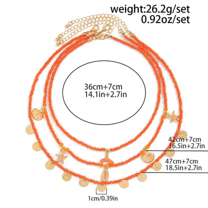 Ingemark 3Pcs/Set Boho Orange Seed Beads Chain Necklace for Women Summer Vintage Metal starfish Conch Coin Pendant Y2K Jewelry