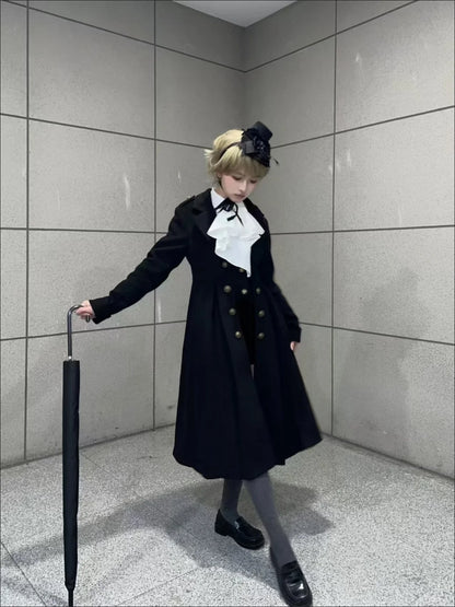 British Style Retro Dark Goth Handsome Black Trench Coat Women Girls Lolita Fake Two Vest White Coats Jacket Y2k Cosplay Clothes