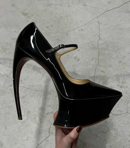 2026 Spring/Summer New Women's Fashion Runway Patent Leather Pointed-Toe Platform Stiletto Heel Ankle Buckle Dress Party Pumps - Kimlud