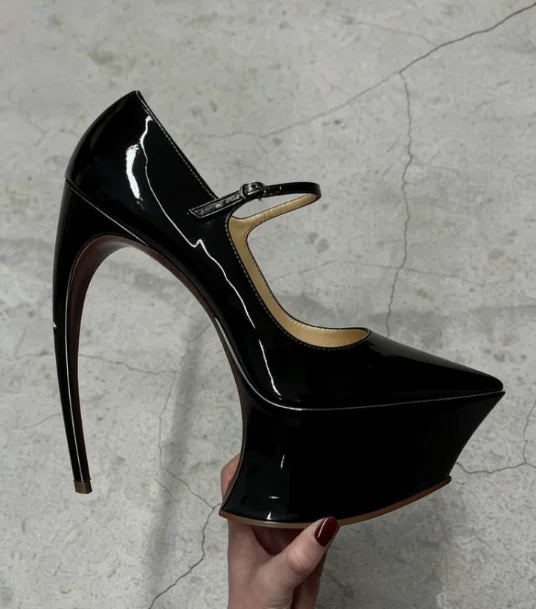 2026 Spring/Summer New Women's Fashion Runway Patent Leather Pointed-Toe Platform Stiletto Heel Ankle Buckle Dress Party Pumps - Kimlud