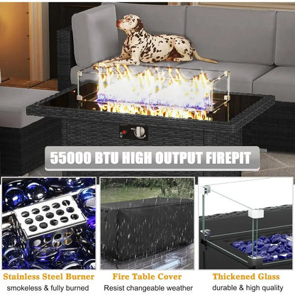 15-Piece Outdoor Patio Furniture Set with Fire Pit Table, Rattan Wicker Sectional Sofa with Coffee Table | Kimlud...