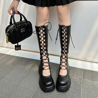 2024 Summer New Female Breathable Hollowed Out Mesh Boots Genuine Leather High Knight Boots Knee High Heels Show Thin Cool Boots