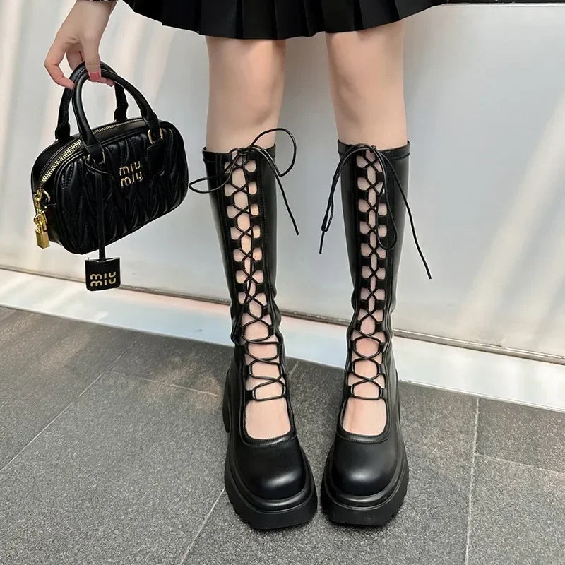 2024 Summer New Female Breathable Hollowed Out Mesh Boots Genuine Leather High Knight Boots Knee High Heels Show Thin Cool Boots