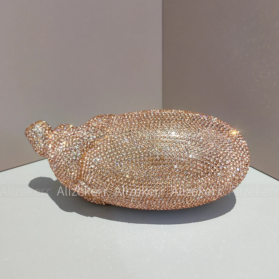Alizekerr Eggplant Shaped Diamond Evening Bags Women Gorgeous Metallic Rhinestone Purses Ladies Unique Handbags Wedding Party - Kimlud