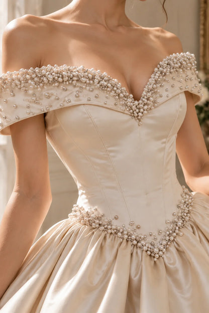 Wedding Dresses Women Luxury Pearl Beaded Off Shoulder Satin A Line Bridal Gown Princess Long Formal Dress Bride...