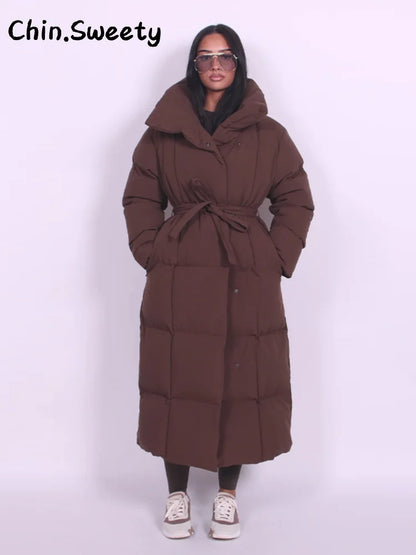 Warm Women's Puffy Quilted Hooded Long Cotton Coat Loose Solid Stand Collar Lace Up Zipper Overcoats 2025 Winter Lady Outwear