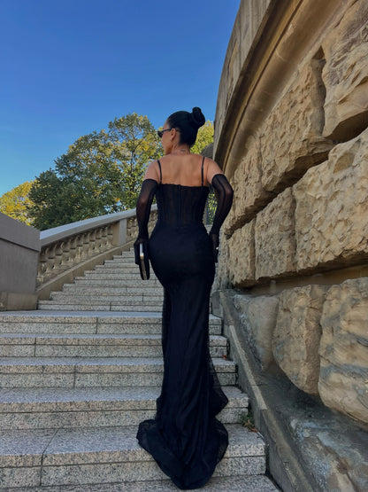 Black Corset Long Sleeve Evening Dress with Gloves Elegant Maxi Formal Gown for Women Luxury Occasion Wear Party Dress