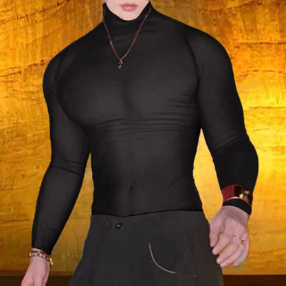 INCERUN Men T Shirt Mesh Long Sleeve See Through Turtleneck Male Tee Tops Sexy Streetwear Fashion Casual Men Clothing Solid - Kimlud