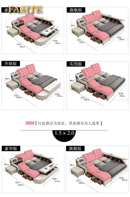 Genuine Leather Tech Smart  Multifunctional Beds Massage Modern Luxury Camas Upholstered With Bluetooth Speaker,Air Cleaner