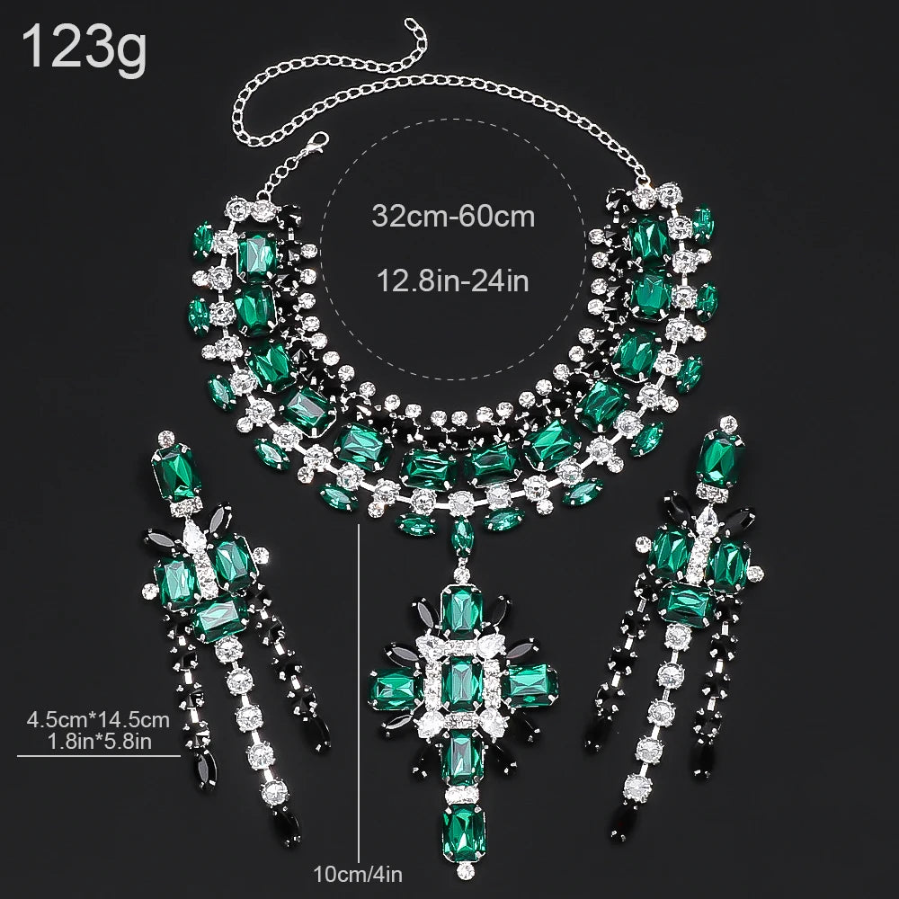XSBODY Large Cross Pendant Choker Green Crystal Bridal Accessories Fashion Geometric Rhinestone Necklace Earrings Set Piercing