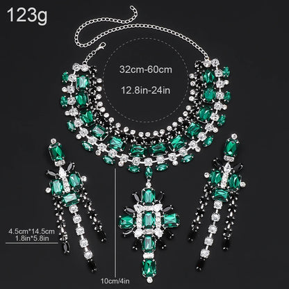XSBODY Large Cross Pendant Choker Green Crystal Bridal Accessories Fashion Geometric Rhinestone Necklace Earrings Set Piercing