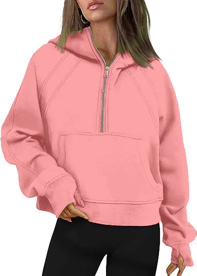 Half Zipper Hooded Short Plush Sweater, Casual Sports Sweater, New Fashion, Autumn, Winter, 2024 - Kimlud