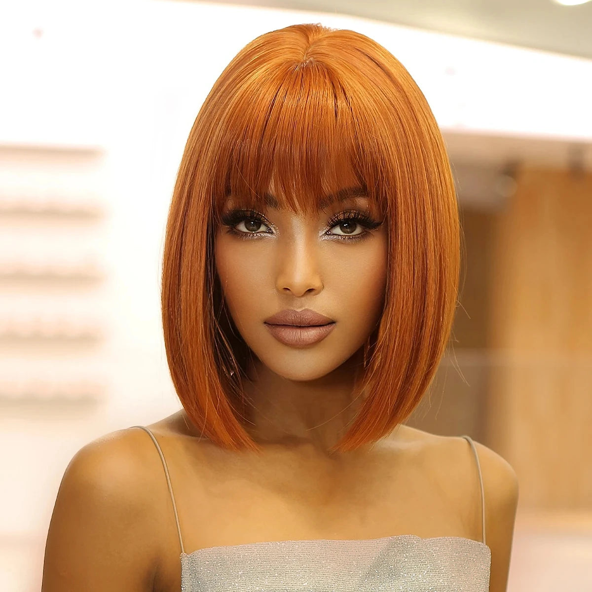 Short straight synthetic wig Ginger Brown Bob wig with straight bangs Ladies Cosplay daily natural high temperature silk wig