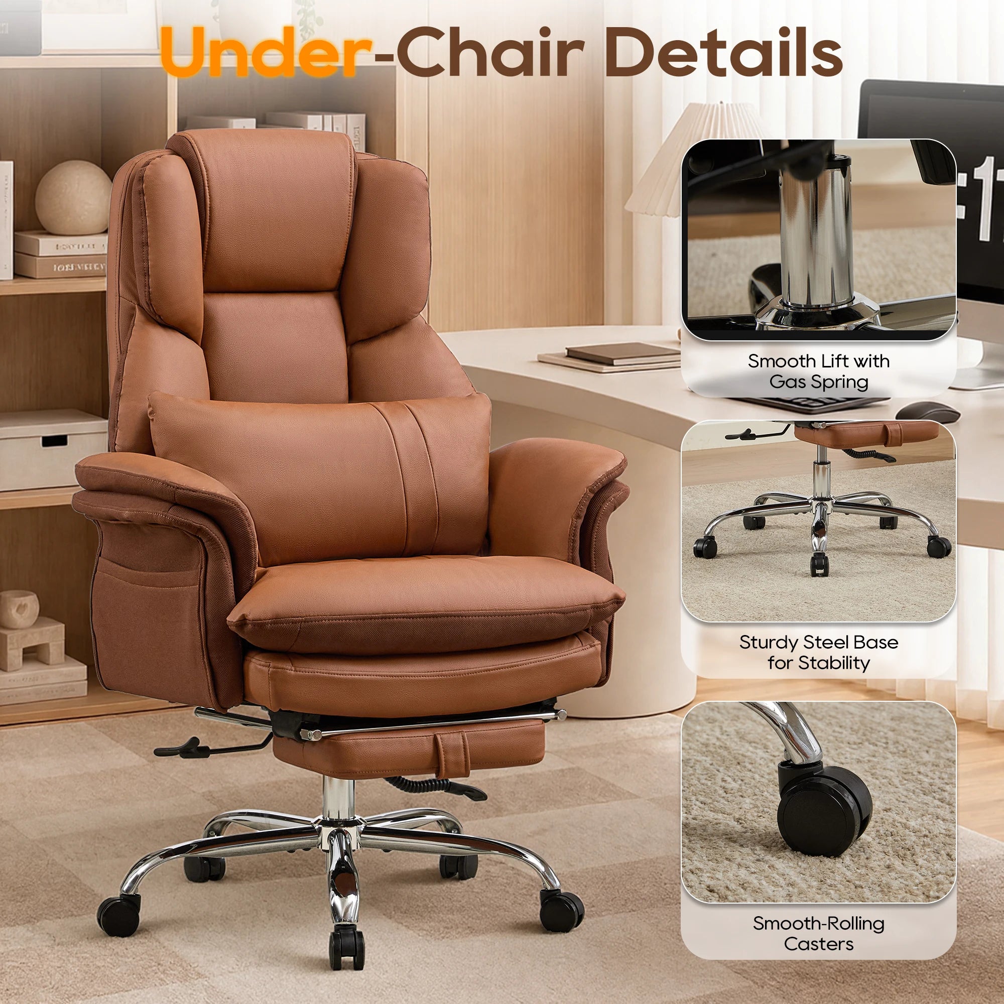 TCGBKAF Big and Tall Office Chair Executive Chair Brown PU Leather Criss Cross Chair with Adjustable Backrest and Flip...
