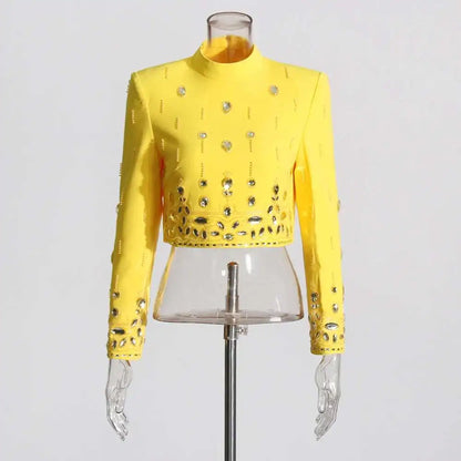 TWOTWINSTYLE Solid Spliced Diamonds Two Piece Set For Women Stand Collar Long Sleeve Tops High Waist A Line Skirt Set Female New