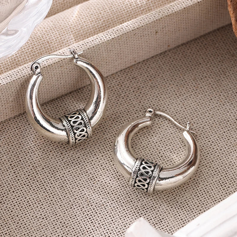 Vintage Hand Carved Pattern Hoops Women's Earrings Ethnic Silvery Color Metal Geometry Daily Wear Party Jewelry | Kimlud...