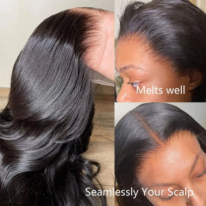 180% Density Natural Black Body Wave Human Hair Wigs HD Transparent Lace Frontal Wig Pre-Plucked Bleached Knots Lace...