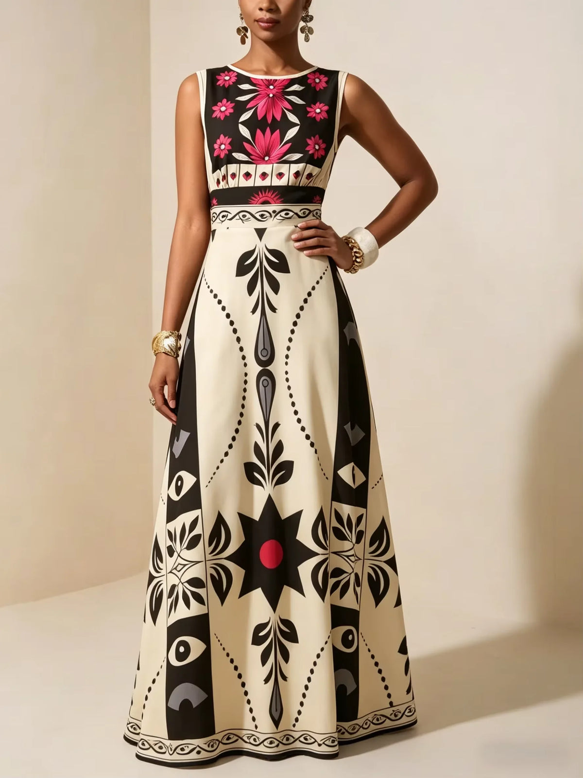 Elegant Red Floral Tribal Sleeveless Dress High Waist A Line Maxi Gown, For Wedding Guest Evening Party Vacation Outfits...