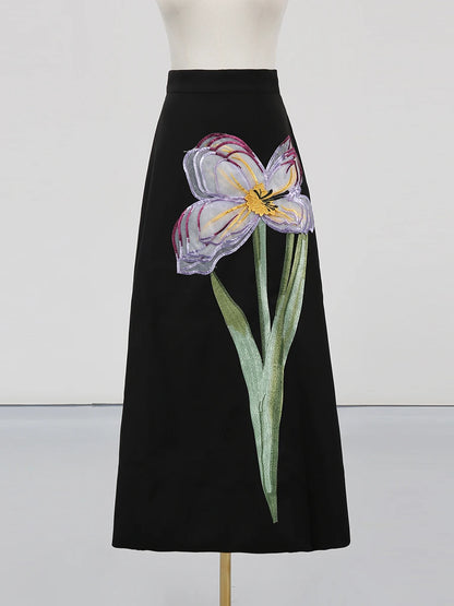 VGH Spliced Appliques Two Piece Set for Women O Neck Short Sleeve Top High Waist A Line Temperament Skirt Outfits Female Fashion