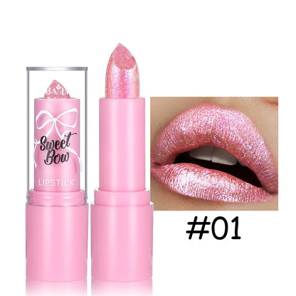 Pink Luxurious Metallic Glitter Lipstick Lasting Waterproof Shimmery Pearl Sparkling Hydrating Lipstick Women Makeup Cosmetic
