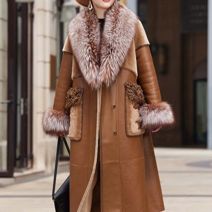 Slim Long Real Leather Jackets Women Fashion Solid Buttons Coats Women Elegant Tie Belt Waist Pockets Jackets Female Ladies