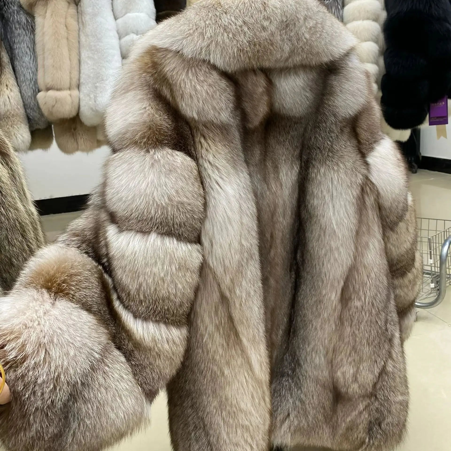 High End Elegant Women's Silver Blue fox Jacket Long fox Collar V-neck Custom Color Real fox Fur Women's Coat