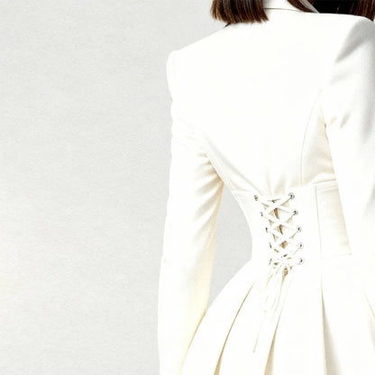 Elegant Lace Patchwork Waist Cinched Blazer Dress Women V-neck Pad Shoulder Full Sleeve Mini Gown Lady Evening Party Gowns 2026