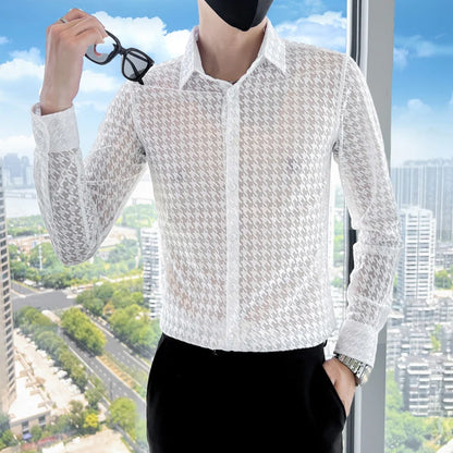 Sexy Transparent Mesh Long Sleeved Shirts for Men Fashion Party Night Club Plaid Printed Slim Fit 4XL Mens Dress Shirt Plus Size - Kimlud