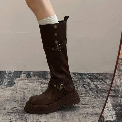 Winter Vintage Platform Thick Sole Woman Knight High Boots Concise Belt Buckle Front zipper Shoes Ladies Slim Modern Long Botas