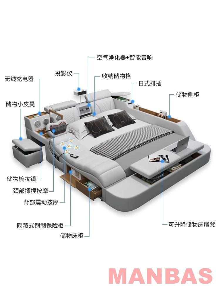 Modern Tech Smart Bed, King/Queen Size Genuine Leather Bed with Projector,USB, Speaker, Luxury Multifunction Bed, All In...