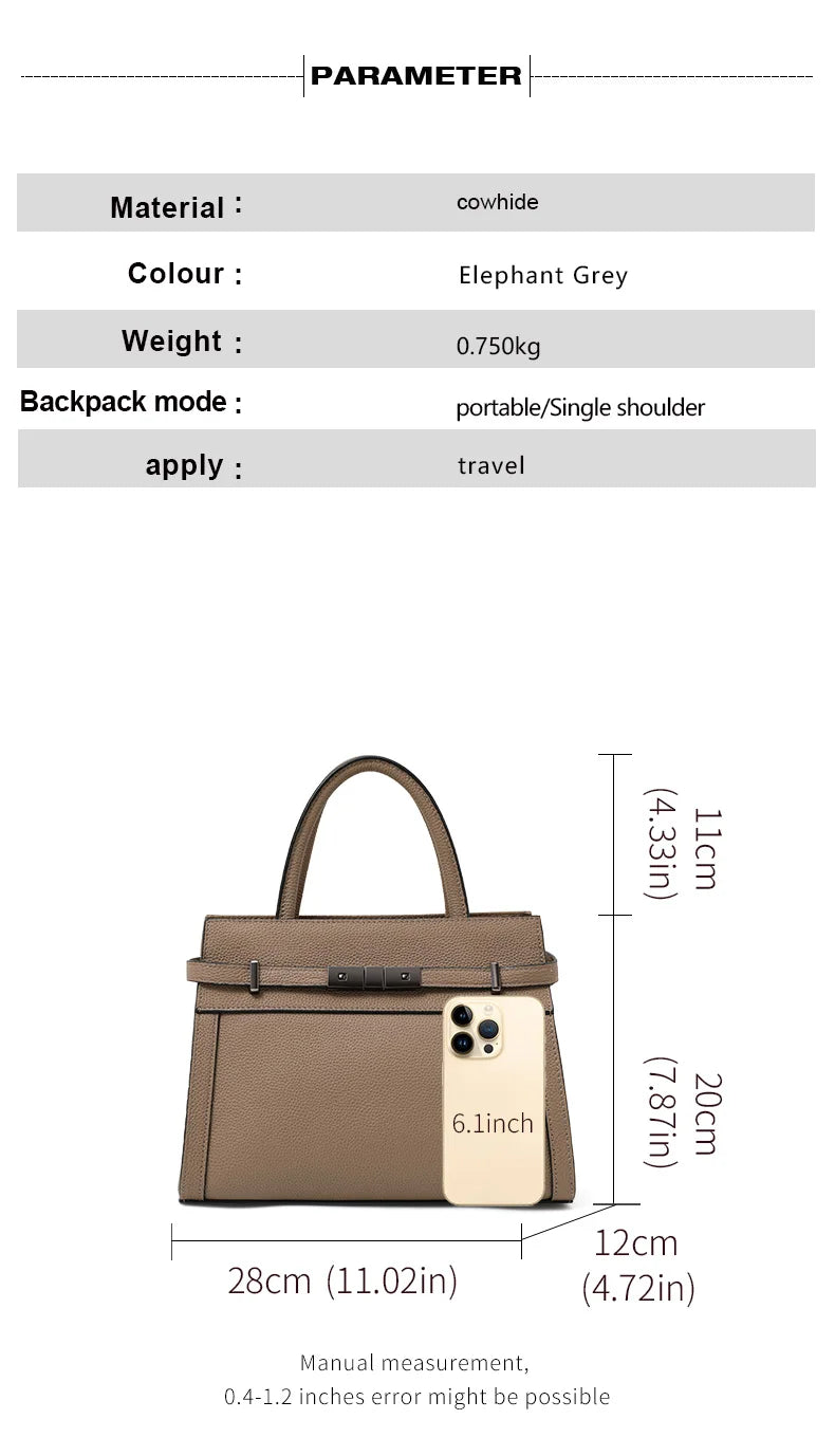 Minimalist Litchi Grain Cow Leather Tote Bag Ladies Metal Decor Top Handle Handbag Adjustable Strap Daily Shoulder Purse...