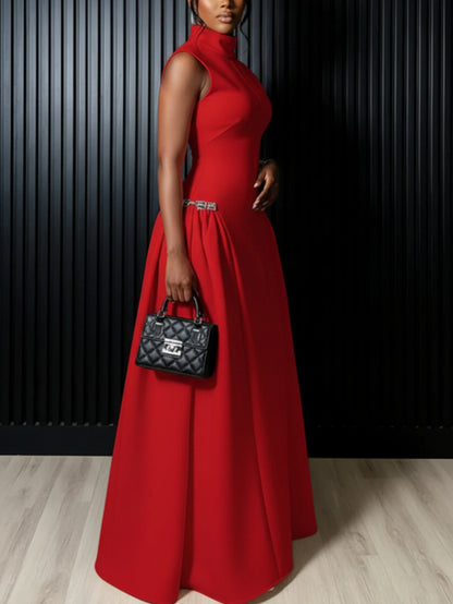 Women High Neck Sleeveless Fitted Floor Length Maxi Dress With Side Flared Detail For Formal Gala Wedding And Evening...