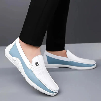 Men's Business Casual Slip-On Loafers White Blue Color Block Comfortable Driving Lightweight Daily Commute Friendly Shoes