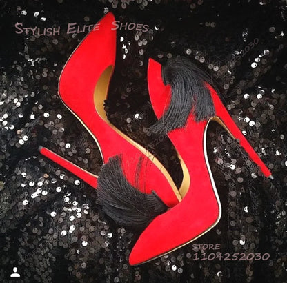 Purple Heel Tassel Suede Stiletto Feather Sandals Pointed Heels Women Hollow Pump Red Light Yellow Dance Fuchsia Cute...