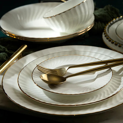 Bowl and dish set bone china tableware set bowl Jingdezhen light luxury simple hand drawn gold ceramic bowl and chopsticks plate - Kimlud