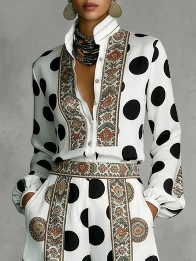 Yeezzi Women's Retro Floral Polka Dot Stand Collar Shirts Tops Long Sleeves Loose Fit Elegant Casual Daily Commuter Blouses