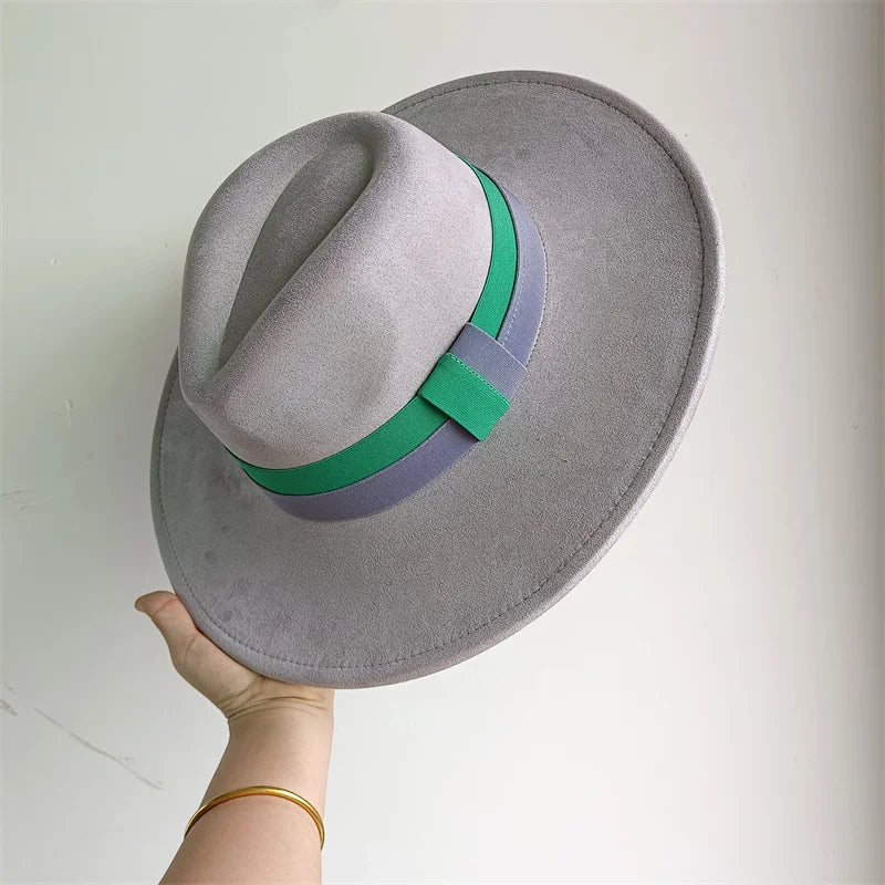Colorblock Ribbon Colorful Suede Hat Autumn and Winter Women's Felt Hat Wide Brim Hat British Style Retro Men's Gorras Hombre - Kimlud