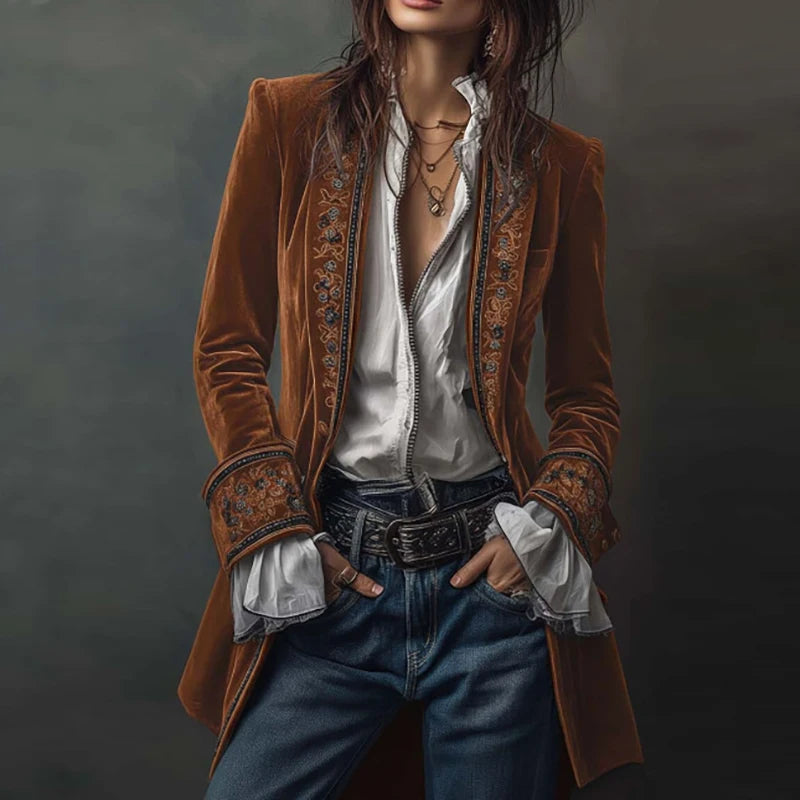 Ethnic Retro Floral Print Velvet Woman Blazer Jacket Sexy Notched Collar Slim Autumn Outerwear Long Sleeve Winter Cardigans Coat