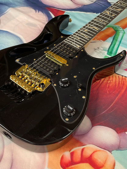 Classic Black Electric Guitar, Rosewood Fingerboard with Abalone Shell Pattern, Double Tremolo Vibrato (Hsh) Pickup |...