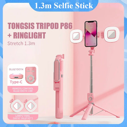 1.3m Portable Selfie Stick Retractable Tripod Phone Stand with Dual Fill Lights 360° Rotating Photography Live Streaming Devices