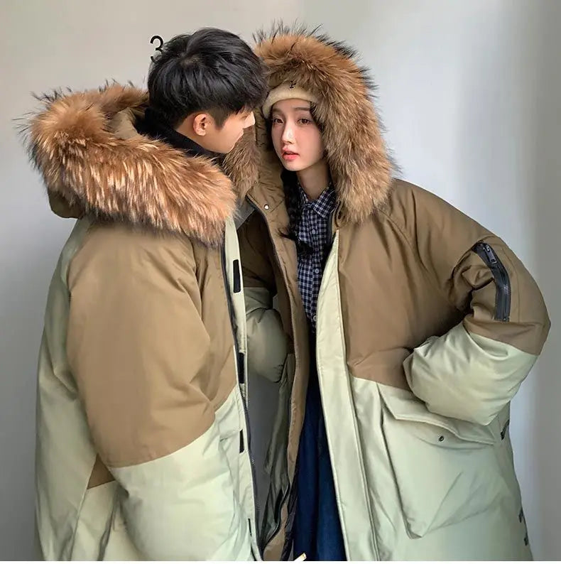 Men's Parkas Hooded Down Jacket Couple Mid-length Over-the-knee Loose Animal Fur Collar Jackets Zipper Pockets Thick Tops Coat