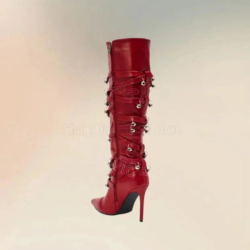 Metal Circle Rivets Red Pointed Toe Boots Side Zipper Women Shoes Thin High Heels Fashion Party Dating 2026 Zapatos Para...