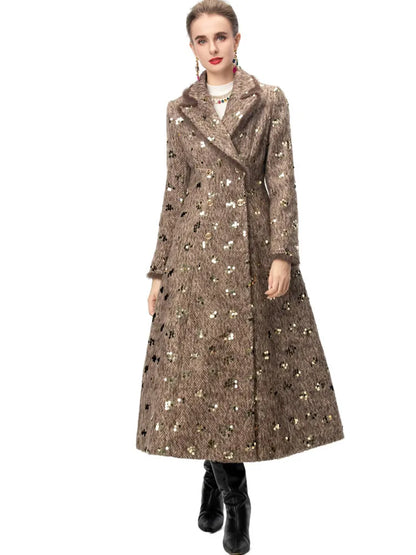 IEQJ Fashion Autumn Winter Woolen Coat Women Turn-Down Collar Fur EdgeDouble Breasted Long Sleeves Sequins Slim Blends Coat New