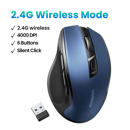 UGREEN Wireless Mouse Bluetooth5.0 Mouse Ergonomic 4000DPI 6 Mute Buttons Mouse For MacBook Tablet Laptops Computer PC 2.4G Mice - Kimlud