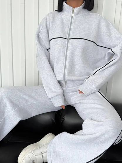 Zekye Women's Clothing Long-sleeved Semi-turtleneck Cardigan Sweater Strappy Striped Trousers Women's Suit Collection 2025 - Kimlud